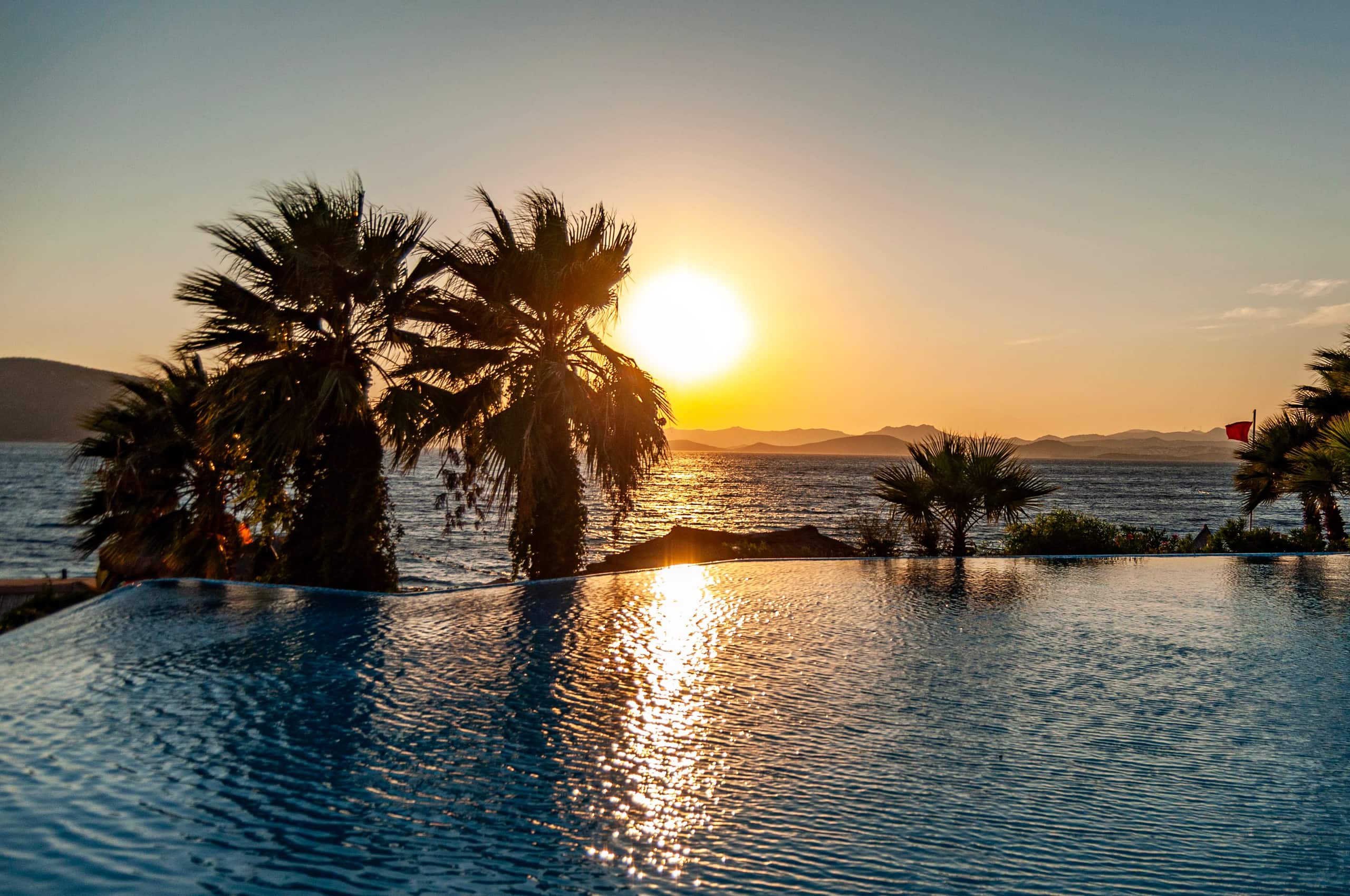 Palm silhouettes over the infinity pool as the sun slips away